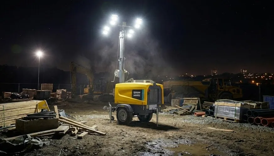 Torre de iluminación Solucem en sitio de trabajo nocturno